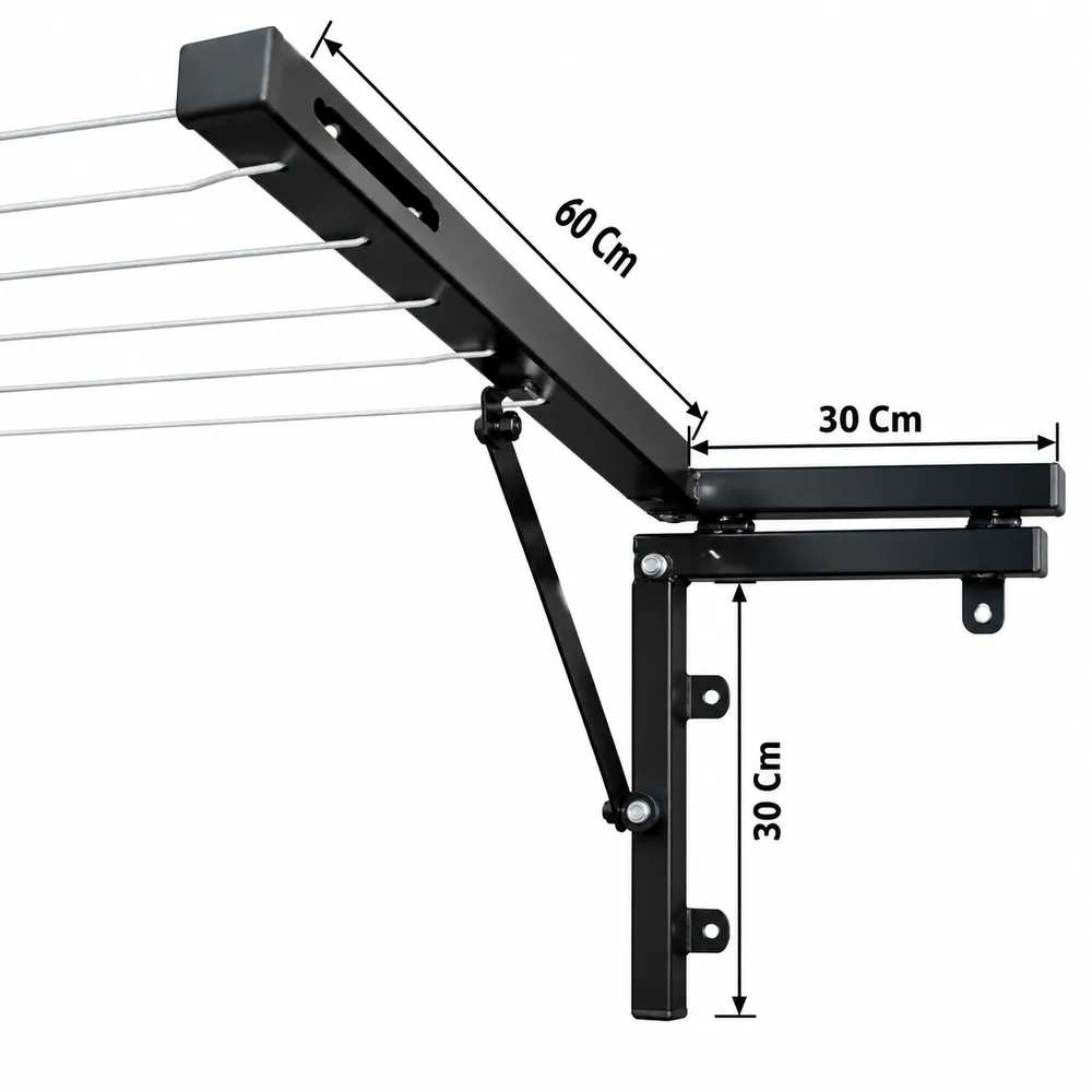 Medidas del tendedero retráctil: brazo de 60 cm y soporte de pared de 30 x 30 cm
